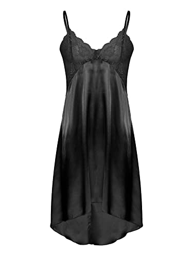 iEFiEL Herren Sissy Kleid lang Satin Nachthemd Nachtkleid mit Spitzen Saum Schlafanzug elegant Herrenkleid weich Pyjama Kleider Schwarz Hi-Lo Stil XXL von iEFiEL