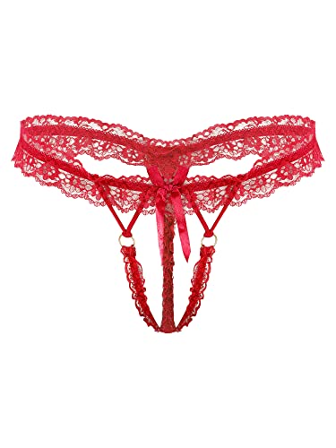 iEFiEL Herren Sissy Slips mit Schleife Spitze Unterwäsche Elastischer G-String Transparent T-Back Lingerie Riemenstring Dessous A Rot Einheitsgröße von iEFiEL