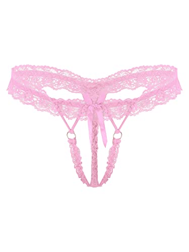 iEFiEL Herren Sissy Slips mit Schleife Spitze Unterwäsche Elastischer G-String Transparent T-Back Lingerie Riemenstring Dessous Rosa Einheitsgröße von iEFiEL