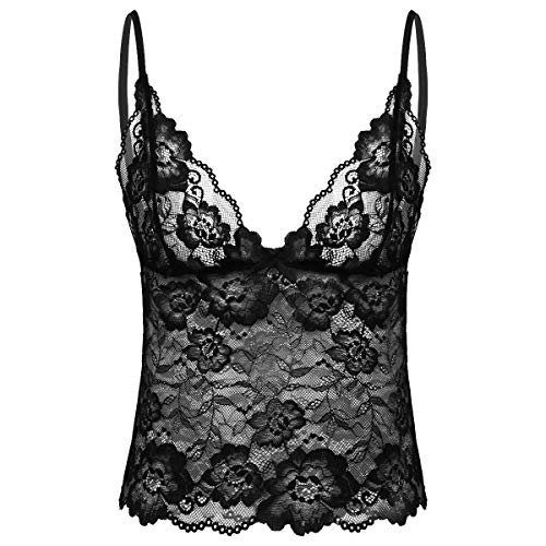 iEFiEL Herren Sissy Unterwäsche Spitze Dessous Transparent Unterhemd V-Ausschnitt T-Shirt Bralette Bra Top Lace BH Clubwear Gogo S-2XL Schwarz XXL von iEFiEL