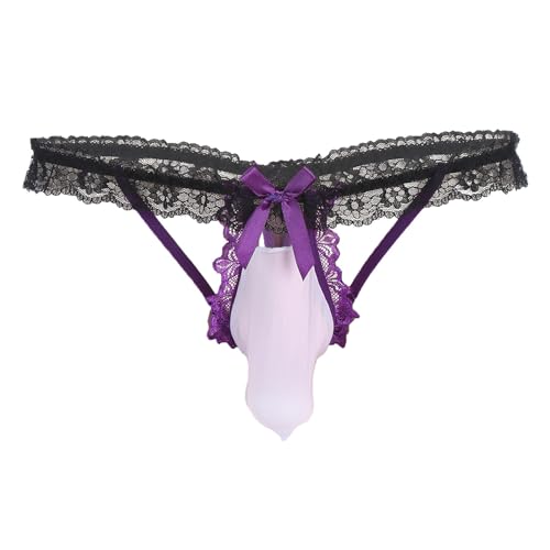 iEFiEL Herren Sissy Unterwäsche Transparent G-String Spitze Unterhosen Kurz Wäsche Mini Slips Mesh Lingerie Sissy Dessous Violett Einheitsgröße von iEFiEL