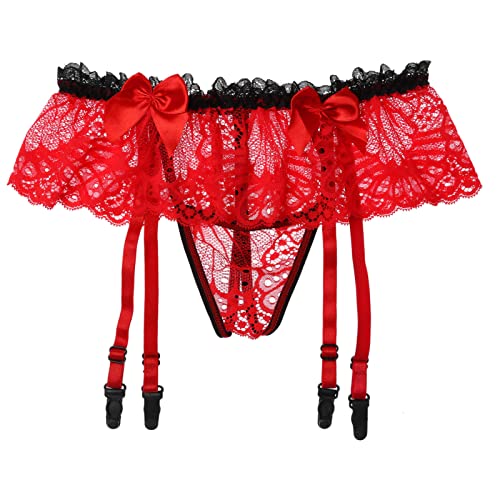 iEFiEL Herren Spitze G-Stirng mit Strumpfhalter Transparent unterwäsche Bikini Briefs Rüschen Lingerie Riemenstring Rot Einheitsgröße von iEFiEL