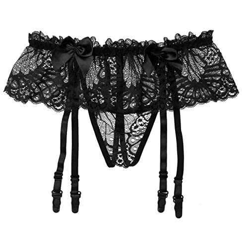 iEFiEL Herren Spitze G-Stirng mit Strumpfhalter Transparent unterwäsche Bikini Briefs Rüschen Lingerie Riemenstring Schwarz Einheitsgröße von iEFiEL