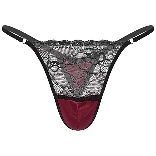 iEFiEL Herren String Tanga Spitze Transparent Reizvolle Low Rise Slips G-String Tanga Erotik Dessous Unterwäsche Atmubgsaktiv Unterhose A Burgundy XL von iEFiEL