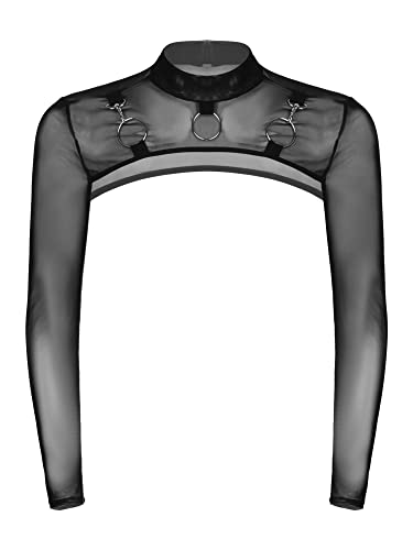 iEFiEL Herren T-Shirt Langarm Unterhemd Leder-Optik Brust Harness mit Metallic Knopf Glänzend Männer Muskelshirt Shrug Top Clubwear M-XL Schwarz Mesh 3XL von iEFiEL