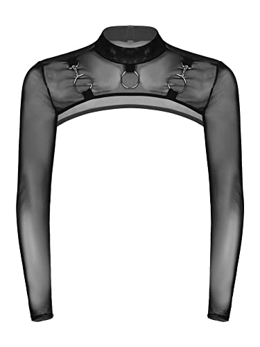 iEFiEL Herren T-Shirt Langarm Unterhemd Leder-Optik Brust Harness mit Metallic Knopf Glänzend Männer Muskelshirt Shrug Top Clubwear M-XL Schwarz Mesh L von iEFiEL