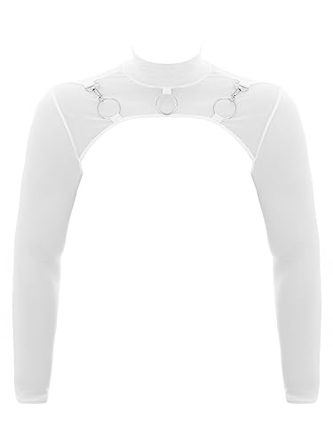 iEFiEL Herren T-Shirt Langarm Unterhemd Leder-Optik Brust Harness mit Metallic Knopf Glänzend Männer Muskelshirt Shrug Top Clubwear M-XL Weiß Mesh M von iEFiEL