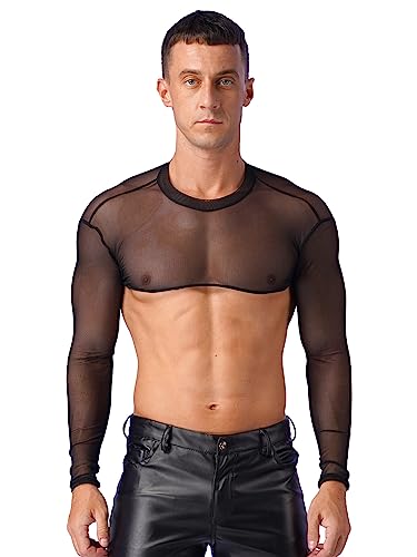 iEFiEL Herren T-Shirt Langarm Unterhemd Leder-Optik Brust Harness mit Metallic Knopf Glänzend Männer Muskelshirt Shrug Top Clubwear M-XL X Schwarz L von iEFiEL