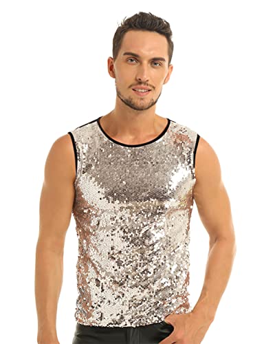 iEFiEL Herren T-Shirt Pailletten Glitzer Hemd mit Kragen Retro Freizeit Shirt Tops Nachtclub Karneval Party Muskelshirt in Silber,Schwarz, Gold Gold Ärmellose M von iEFiEL