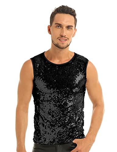 iEFiEL Herren T-Shirt Pailletten Glitzer Hemd mit Kragen Retro Freizeit Shirt Tops Nachtclub Karneval Party Muskelshirt in Silber,Schwarz, Gold Schwarz Ärmellose L von iEFiEL