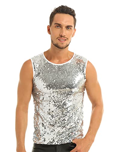 iEFiEL Herren T-Shirt Pailletten Glitzer Hemd mit Kragen Retro Freizeit Shirt Tops Nachtclub Karneval Party Muskelshirt in Silber,Schwarz, Gold Weiß Ärmellose XL von iEFiEL