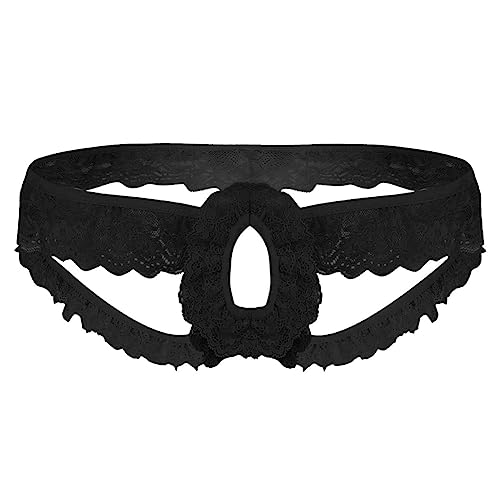 iEFiEL Herren Tangas Slips Sissy Spitzen Unterwäsche Jockstrap Männer Strings Mini Erotik Unterhose mit Penis Hoden Öffnung Schwarz M von iEFiEL