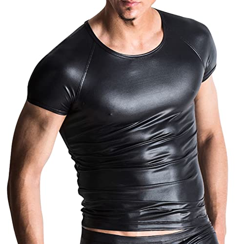 iEFiEL Herren Tank Top Lackleder T-Shirt Kurzarm Muskelshirt Wetlook Top Unterhemd Fitness Shirts Slim Fit Schwarz T L von iEFiEL