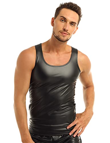 iEFiEL Herren Tanktop Wetlook Tankshirt Leder Shirt Unterhemden Fitness Muskelshirt Weste Dessous Nachtwäsche Schwarz Blau Gold Silber Schwarz XL von iEFiEL