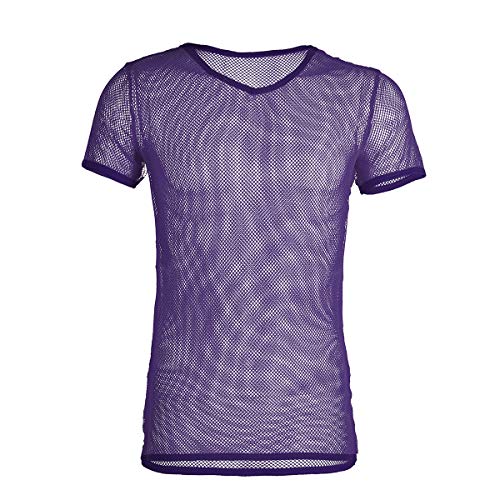 iEFiEL Herren Top T-Shirt Kurzarm Netzhemd Unterhemd Erotik Guywear Dessous Transparent (L, Lila) von iEFiEL