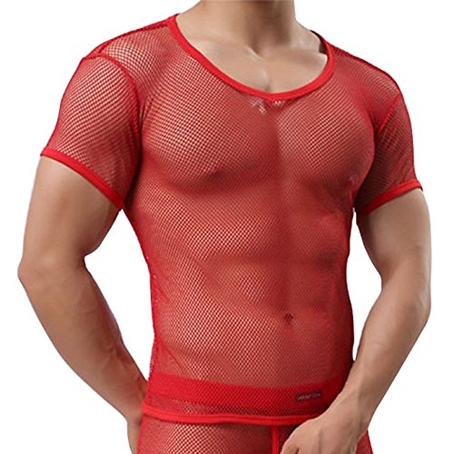 iEFiEL Herren Top T-Shirt Kurzarm Netzhemd Unterhemd Erotik Guywear Dessous Transparent (L, Rot) von iEFiEL