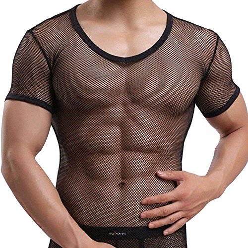 iEFiEL Herren Top T-Shirt Kurzarm Netzhemd Unterhemd Erotik Guywear Dessous Transparent (L, Schwarz) von iEFiEL