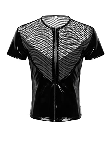 iEFiEL Herren Unterhemden Glänzend Shirt Lackleder Netz Top Männer Muskelshirt Tops Kurzarm Sommer T-Shirt Clubwear (X-Large, Schwarz) von iEFiEL