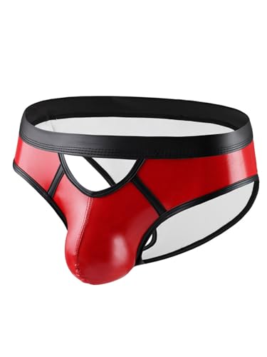 iEFiEL Herren Unterhosen Männer Slip Unterwäsche Wetlook Herren Mesh/Leder Nachtwäsche Reizvoller Jockstrap Offen M-XL X Rot XL von iEFiEL