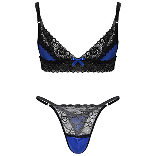 iEFiEL Herren Unterwäsche Set BH Spitze String Tanga Sissy Dessous Büstenhalter Männer Reizwäsche - Dekolleté für jeden Mann W_ Blau XL von iEFiEL