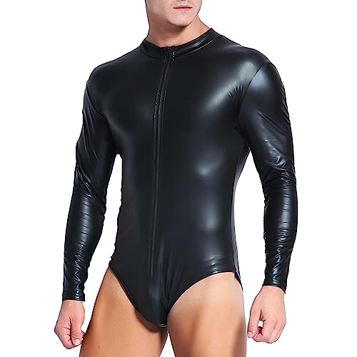 iEFiEL Herren Wetlook Body Lackleder Bodysuit Einteiler Männerbody Optik Leder Overall Jumpsuit Unterhemd Nachtwäsche Schwarz Langarm M von iEFiEL