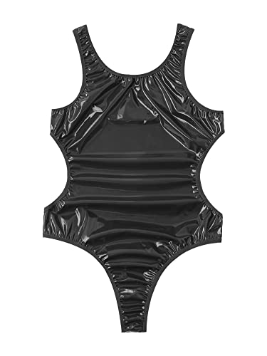 iEFiEL Herren Wetlook Bodysuit Lack Leder Overalls Catsuit Unterhemd High Cut Stringbody Einteiler Reizvolle Männerbody X Schwarz 3XL von iEFiEL