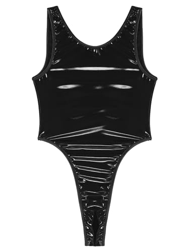 iEFiEL Herren Wetlook Bodysuit Lack Leder Overalls Catsuit Unterhemd High Cut Stringbody Einteiler Reizvolle Männerbody Xa Schwarz XL von iEFiEL