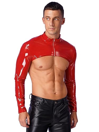 iEFiEL Herren Wetlook Crop Top Lackleder Shirts Langarm Bacuhfrei Oberteile Brust Harness Shrug Top Rave Partykleiung Rot M von iEFiEL