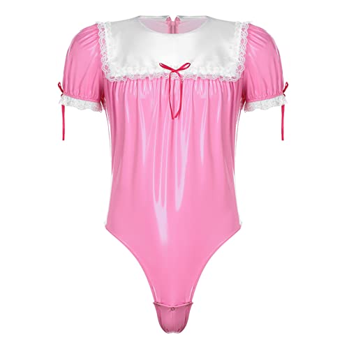 iEFiEL Herren Wetlook Overall Kurzarm Glänzende Bodysuit mit Druckknöpfe im Schritt Lackleder Männer Body Rundhals Tops T-Shirt Clubwear Rosa Spitze XL von iEFiEL