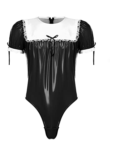 iEFiEL Herren Wetlook Overall Kurzarm Glänzende Bodysuit mit Druckknöpfe im Schritt Lackleder Männer Body Rundhals Tops T-Shirt Clubwear Schwarz Spitze 3XL von iEFiEL