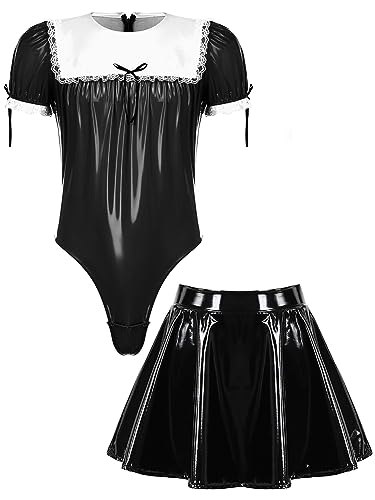 iEFiEL Herren Wetlook Overall Kurzarm Glänzende Bodysuit mit Druckknöpfe im Schritt Lackleder Männer Body Rundhals Tops T-Shirt Clubwear X Schwarz mit Rock 3XL von iEFiEL