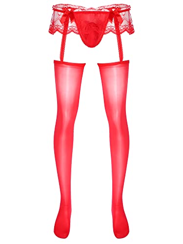 iEFiEL Herrren Transparent Strumpfhosen mit Strumpfgürtel und String Spitze Strümpfe Hohe Taille Elastisch Leggings Hose Lange Pantyhose B Rot Einheitsgröße von iEFiEL