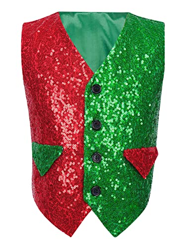 iEFiEL Jungen Weihnachten Kostüm Glitzer Weste Festlich Kinder Anzug-Weste Gentleman Smoking Anzugweste Waistcoat mit Pailletten Rot + Grün 110-116 von iEFiEL