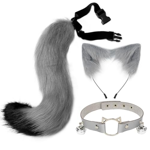 iEFiEL Katzenohren Haarreif mit Schwanz Set Tier Cosplay Zubehör Plüsch Fuchsohren Stirnband Lange Tail Katzenkostüm Zubehör für Karneval Party Maskerade Grau A One Size von iEFiEL