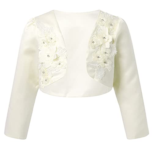 iEFiEL Kinder Bolero Schulterjacke Jäckchen Mädchen Bolero Jacke Festlich - Langarm Weiß Ivory zum Kommunionkleid Taufkleid Champagner 3D Blumen 110-116 von iEFiEL