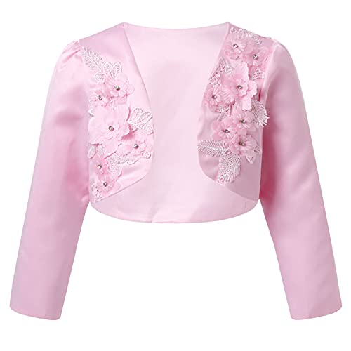 iEFiEL Kinder Bolero Schulterjacke Jäckchen Mädchen Bolero Jacke Festlich - Langarm Weiß Ivory zum Kommunionkleid Taufkleid Rosa 3D Blumen 116-122 von iEFiEL