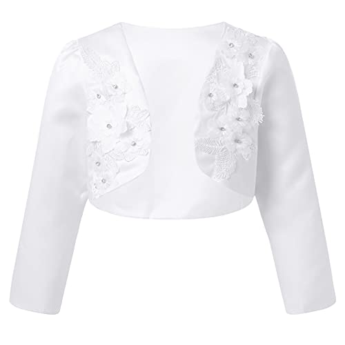 iEFiEL Kinder Bolero Schulterjacke Jäckchen Mädchen Bolero Jacke Festlich - Langarm Weiß Ivory zum Kommunionkleid Taufkleid Weiß 3D Blumen 110-116 von iEFiEL