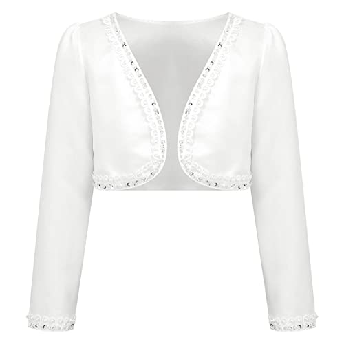 iEFiEL Kinder Bolero Schulterjacke Jäckchen Mädchen Bolero Jacke Festlich - Langarm Weiß Ivory zum Kommunionkleid Taufkleid Weiß Strass 110-116 von iEFiEL