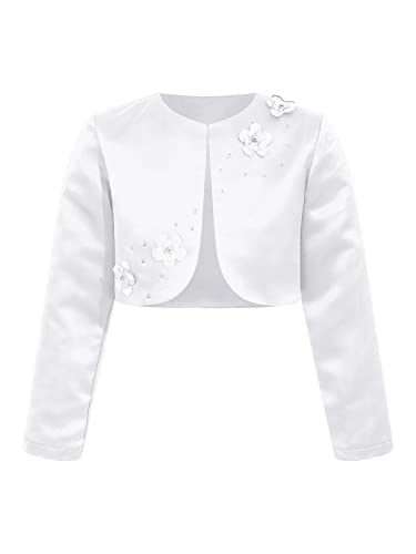 iEFiEL Kinder Bolero Schulterjacke Jäckchen Mädchen Bolero Jacke Festlich - Langarm Weiß Ivory zum Kommunionkleid Taufkleid Yd Weiß 122-128 von iEFiEL