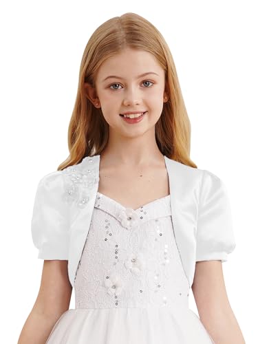 iEFiEL Kinder Bolero Schulterjacke Jäckchen Mädchen Bolero Jacke Festlich - Langarm Weiß Ivory zum Kommunionkleid Taufkleid Za Weiß 134-140 von iEFiEL