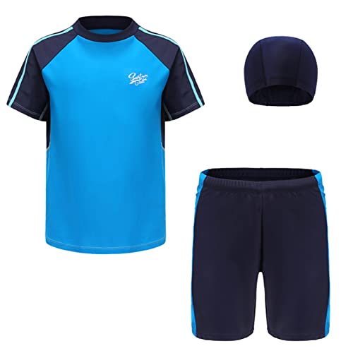 iEFiEL Kinder Jungen Bademode Streifen Schwimmanzug Einteiler UV Schütz Bade-Set Langarm Badeshirt Badeshorts mit Badekappe Blau & Schwarz 128-134 von iEFiEL