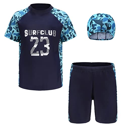 iEFiEL Kinder Jungen Bademode Streifen Schwimmanzug Einteiler UV Schütz Bade-Set Langarm Badeshirt Badeshorts mit Badekappe Tarn Grün 140-146 von iEFiEL