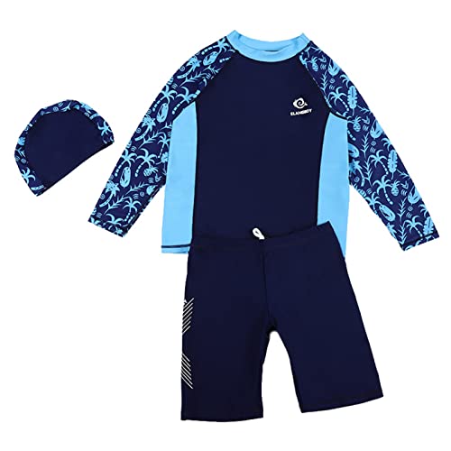 iEFiEL Kinder Jungen Bademode Streifen Schwimmanzug Einteiler UV Schütz Bade-Set Langarm Badeshirt Badeshorts mit Badekappe Yd Blau 146-152 von iEFiEL