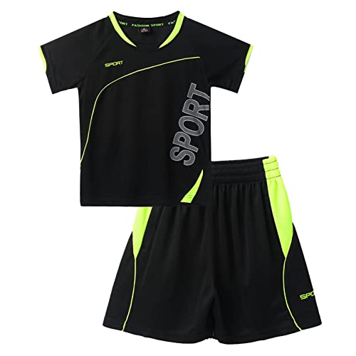 iEFiEL 2-Teiliger Kinder Jungen Fussball Sport Outfits Trainingsanzug kurz Sportanzug Kurzarm T-Shirt und Kurze Hosen Sommer Set A Schwarz 146-152 von iEFiEL