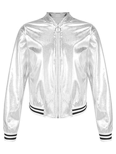 iEFiEL Kinder Jungen Mädchen Metallic Baseball Jacke Kurz Wetlook Jacke Langarm College Sweatjacke Vintage Disco Outfits Y2K Kostüm für Halloween Party Silber 146-152 von iEFiEL