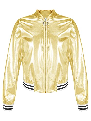 iEFiEL Kinder Jungen Mädchen Metallic Baseball Jacke Kurz Wetlook Jacke Langarm College Sweatjacke Vintage Disco Outfits Y2K Kostüm für Halloween Party Gold 122-128 von iEFiEL