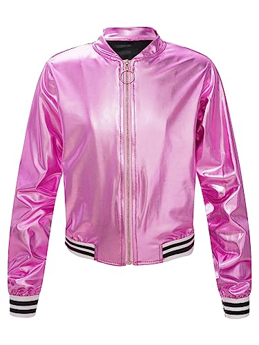 iEFiEL Kinder Jungen Mädchen Metallic Baseball Jacke Kurz Wetlook Jacke Langarm College Sweatjacke Vintage Disco Outfits Y2K Kostüm für Halloween Party Rosa 110-116 von iEFiEL