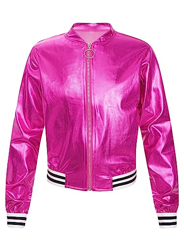 iEFiEL Kinder Jungen Mädchen Metallic Baseball Jacke Kurz Wetlook Jacke Langarm College Sweatjacke Vintage Disco Outfits Y2K Kostüm für Halloween Party Rose 122-128 von iEFiEL