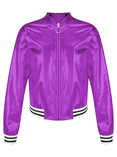 iEFiEL Kinder Jungen Mädchen Metallic Baseball Jacke Kurz Wetlook Jacke Langarm College Sweatjacke Vintage Disco Outfits Y2K Kostüm für Halloween Party Violett 158-164 von iEFiEL