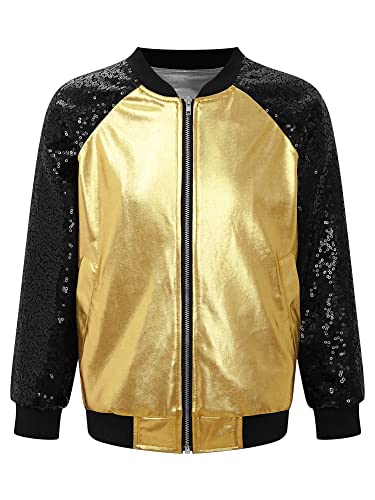 iEFiEL Kinder Jungen Mädchen Metallic Baseball Jacke Kurz Wetlook Jacke Langarm College Sweatjacke Vintage Disco Outfits Y2K Kostüm für Halloween Party X Gold 134-140 von iEFiEL